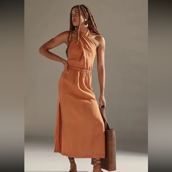 Anthro cloth & stone - new w/o tag linen cross halter midi dress open back - Picture 3 of 5